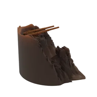 Modello 3D di un posto d'artiglieria costiera con cannoni gemelli, ambientato su uno sfondo roccioso e fortificato.