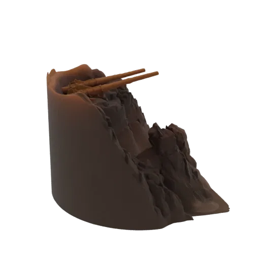 3D model of a coastal artillery emplacement with twin cannons, set against a rocky, fortified background.