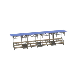 Modello 3D di una lunga struttura di tribuna modulare con panche in legno e tenda in policarbonato blu, vista da un'angolazio