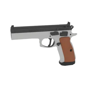 A 3D render of a CZ 75 TS 9mm pistol with a light gray frame, dark gray slide, and brown textured grip panels, shown from a s