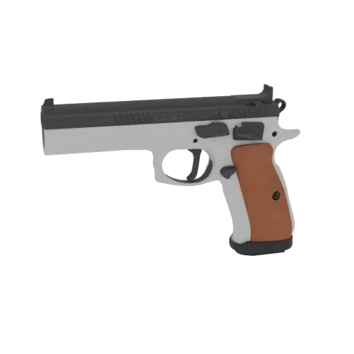 A 3D render of a CZ 75 TS 9mm pistol with a light gray frame, dark gray slide, and brown textured grip panels, shown from a s