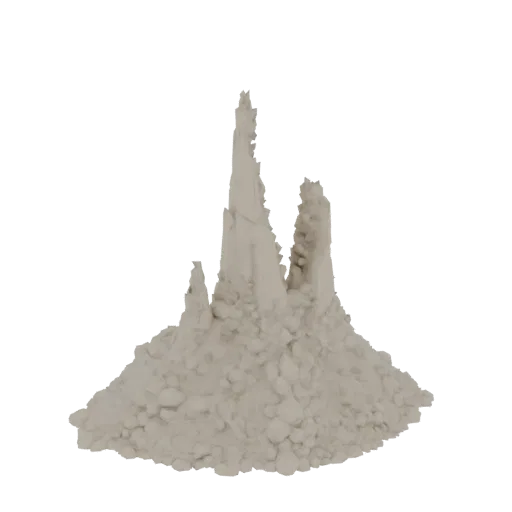 3D model of a cluster of sharp, jagged rock spires with a base of rubble, rendered in a neutral stone texture.