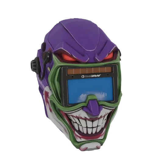 3D model of a welding mask with a Joker-inspired design, featuring a purple helmet, green accents, and a wide, grinning face.