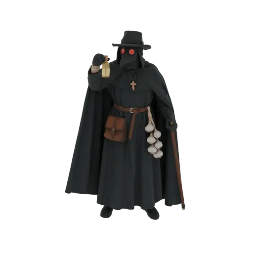 3D model of a Plague Doctor in a black robe and mask, holding a potion and garlic, with a cane.