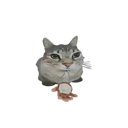 Modèle 3D de chat tigré gris assis offrant un bol de glace avec sa patte.