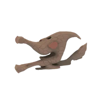 3D model of a stylized pterodactyl skeleton fragment with a textured, cracked-earth surface and a prominent beak-like head.