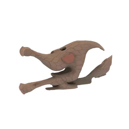3D model of a stylized pterodactyl skeleton fragment with a textured, cracked-earth surface and a prominent beak-like head.