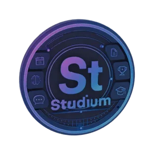 3D render of the Studium coin, a circular metallic emblem with purple and blue gradients, featuring educational icons like a