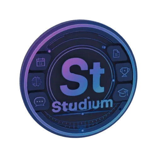 Rendu 3D de la pièce Studium, un emblème métallique circulaire avec des dégradés violet et bleu, présentant des icônes éducat