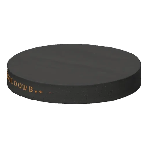 3D model of a dark grey cylindrical platform with orange text and symbols around the base, presented on a white background.