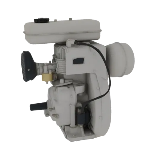 A 3D model of a small, gray internal combustion engine with a fuel tank and carburetor, shown against a white background.