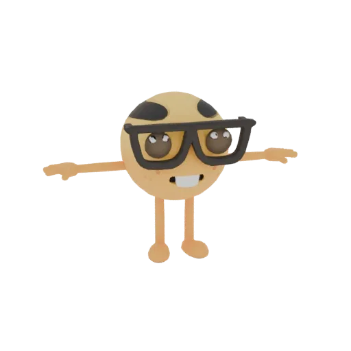 Modelo 3D de um personagem fofo, de tom claro, com manchas pretas, usando óculos grandes de armação preta e sorrindo, com os