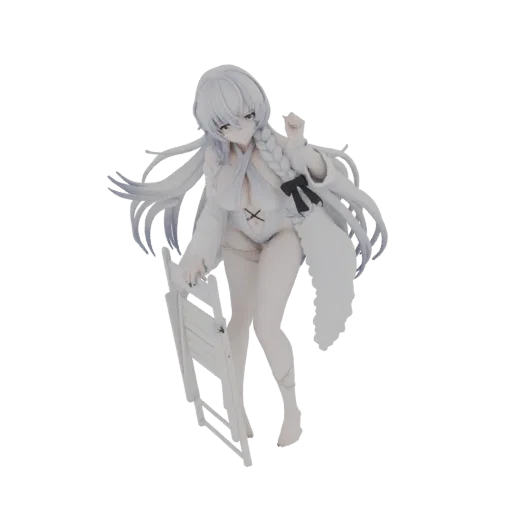 3D model of an anime girl with long white hair in a white swimsuit, posing with a white folding chair.