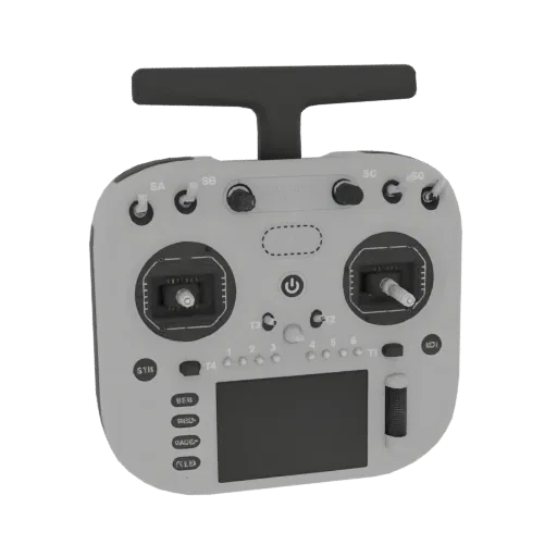 3D model of a white RC transmitter with a black handle, dual joysticks, a screen, and various buttons.