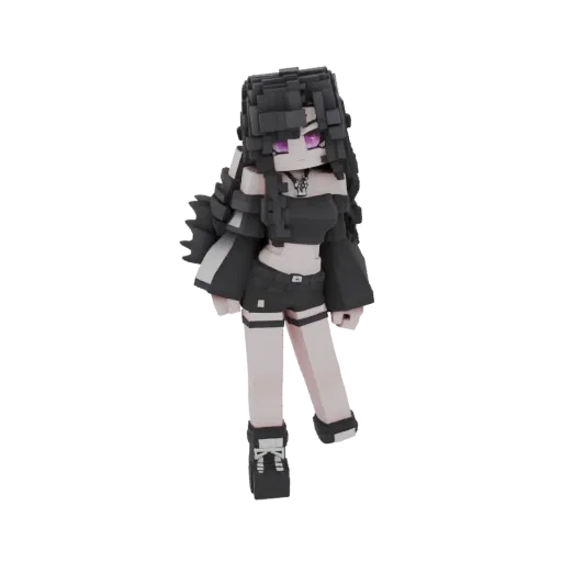 A voxel-art 3D model of a gothic anime girl with black hair, purple eyes, wearing a black off-shoulder top and shorts, standi