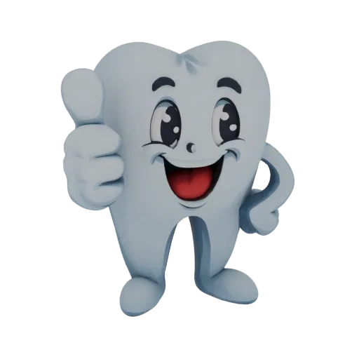 Un rendu 3D d'un personnage de dent de dessin animé avec un grand sourire et un geste du pouce levé, sur fond blanc.