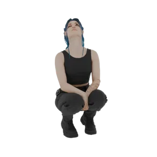 3D model of a woman with blue hair, wearing a black tank top and cargo pants, crouching and looking upwards.