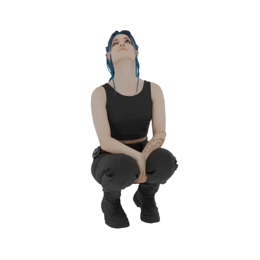 3D model of a woman with blue hair, wearing a black tank top and cargo pants, crouching and looking upwards.