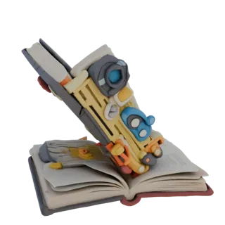 Modelo 3D de livro aberto com dispositivo futurista feito no estilo de animação em plasticina