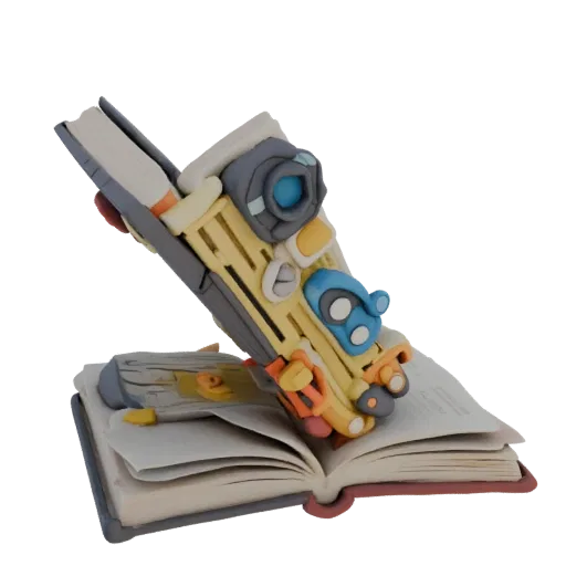 3D model of an open book with a futuristic device in claymation style