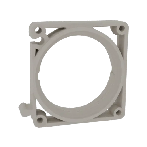 3D model of a light gray square pipe clamp bracket with a circular opening in the center.