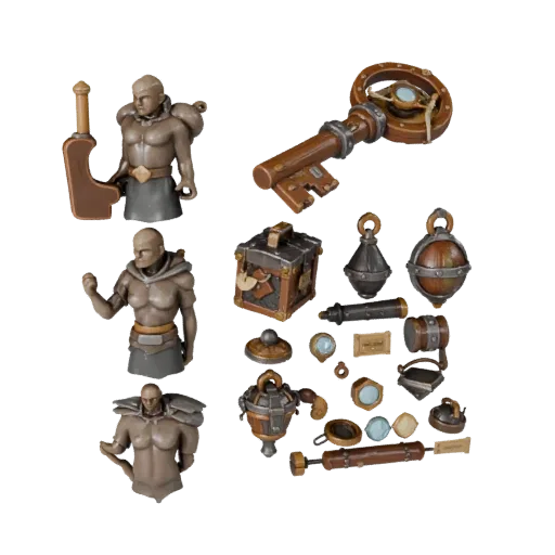 Fantasy Loot Key Stylized 3D model, stylized isometric render, showing aged wood, clear pickup silhouette.