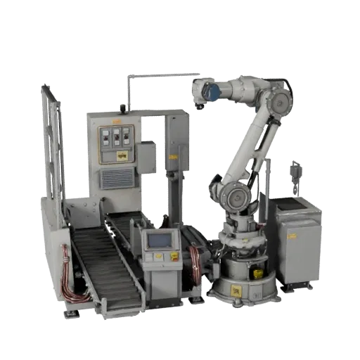 Inspection Robot Cell Realistic 3D model, three-quarter studio render, showing painted steel, machine stations.