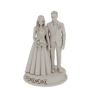 Modèle 3D d'un couple de mariés, mariée en robe blanche tenant un bouquet, marié en costume, debout main dans la main sur une