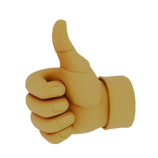 A 3D rendered model of a golden-yellow thumbs up emoji against a black background.