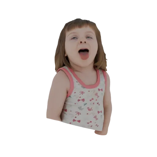 3D model of a young girl with her eyes rolled back and tongue sticking out, wearing a patterned tank top.