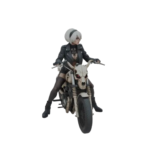 3D model of a female rider with white hair on a custom motorcycle with a skull front and red eyes.
