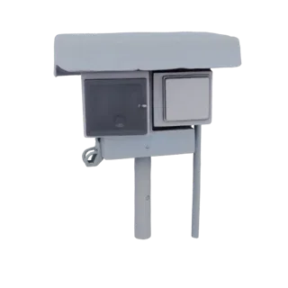 3D model of a modern outdoor electrical junction box with two compartments, mounted on a pole.