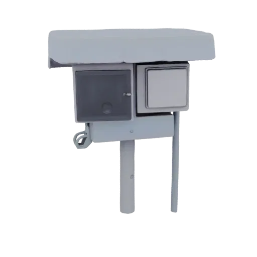 3D model of a modern outdoor electrical junction box with two compartments, mounted on a pole.