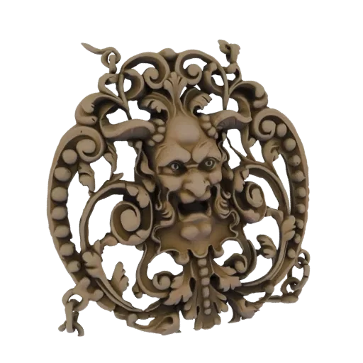 Modèle 3D de gargouille gothique décorative avec un visage détaillé et des volutes ornées, rendu sur fond blanc.