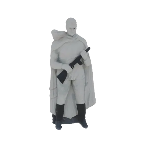 3D model render of a Soviet soldier in uniform, holding a submachine gun, with a cape draped over the shoulders.
