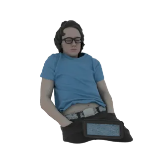 3D model of a young man with glasses sleeping on a couch, wearing a blue t-shirt and black pants.