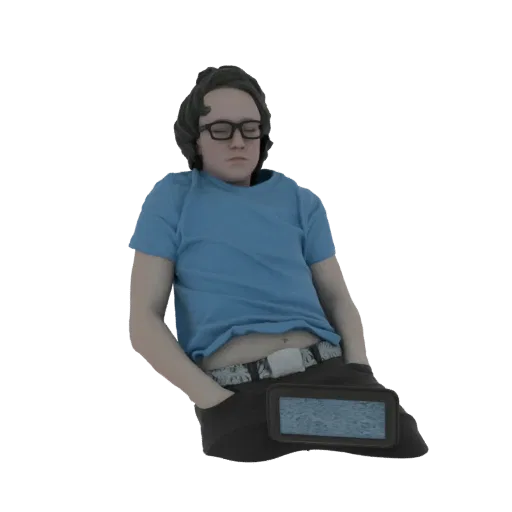 Modello 3D di un giovane con occhiali che dorme sul divano, indossa una maglietta blu e pantaloni neri.