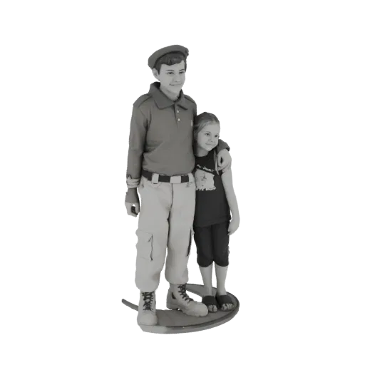 3D model of a young brother in uniform with a cap and boots, standing with his arm around his younger sister.
