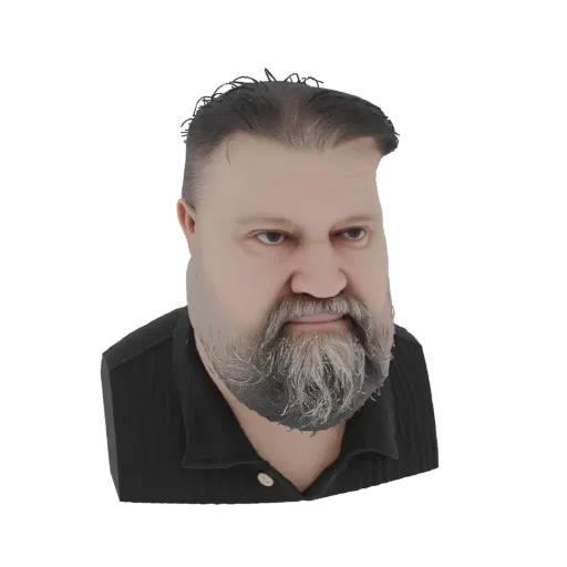 3D character model of Oleg Starodumov, a man with a beard, wearing a black polo shirt, against a black background.