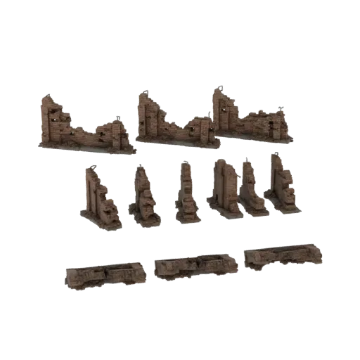 Una collezione di modelli 3D raffiguranti sezioni di edifici in muratura diroccati e basi, adatti per diorami.