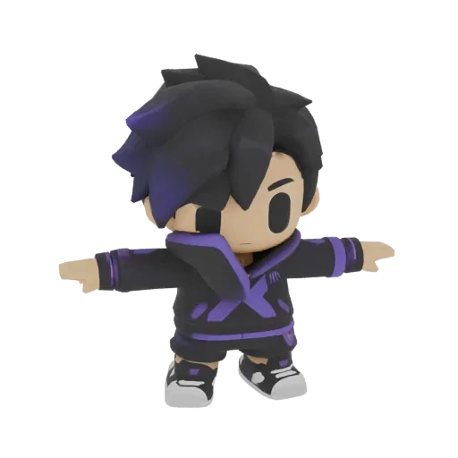 Modello 3D di un ragazzo anime chibi con capelli neri e accenti viola, che indossa felpa e pantaloncini, in posa a T.