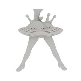 Modelo 3D blanco de robot retro sci-fi con cuerpo de platillo, piernas humanoides y detalle de corazón en el pecho, sobre fon