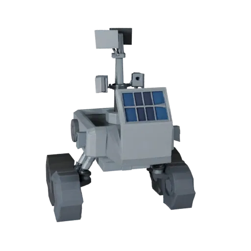 Ice World Sample Collector Low Poly 3D model, game viewport three-quarter view, showing dusty wheels, vehicle stance.