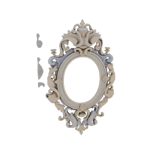 3D model of an ornate oval frame with intricate acanthus leaf carvings and a baroque style, rendered in beige and grey.