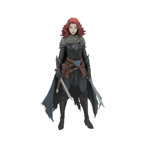 Modèle 3D d'une guerrière rousse en armure sombre, tenant deux épées, avec une cape sombre.