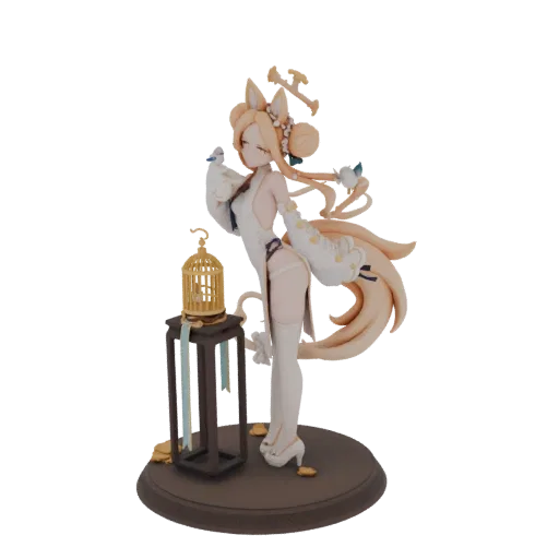 3D model of a Kitsune fox girl in a white dress, posing with a golden birdcage on a stand, with multiple fox tails.