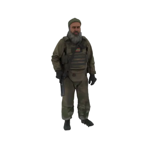 3D model of an Afghan Mujahideen fighter with a beard, wearing a tactical vest and holding an AK-47 rifle.
