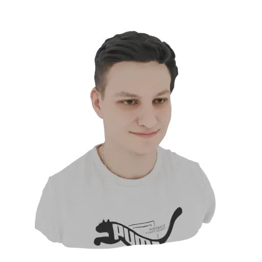 3D model of a young man with short dark hair wearing a white Puma t-shirt, smiling.