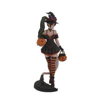 Modelo 3D de uma bruxa de Halloween usando chapéu e vestido, segurando uma abóbora esculpida e um balde de doces.