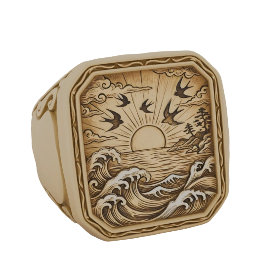Octagonal Gold Ring with Sunrise, Waves, and Swallows Engraving